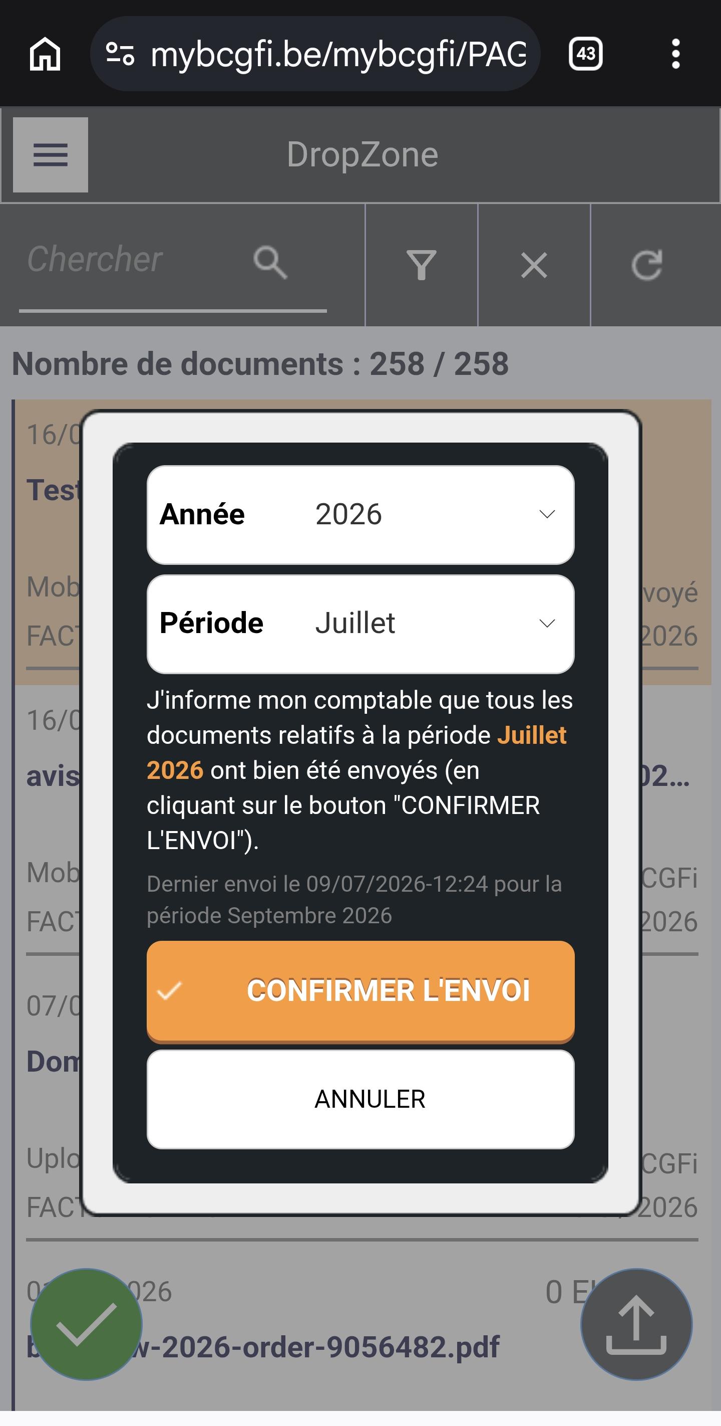 Confirmation d'envoi et clôture de période dans MyBCGFi