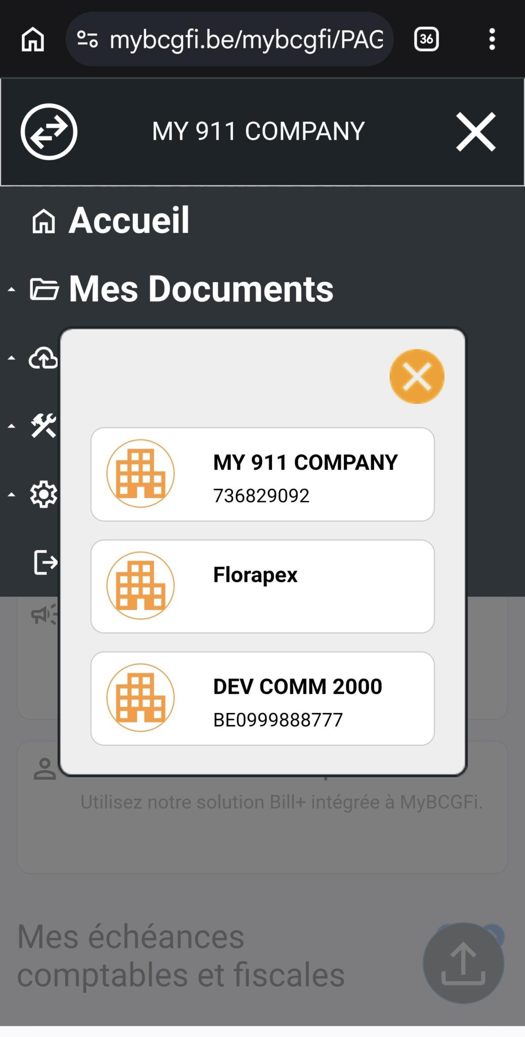 Sélecteur de sociétés dans MyBCGFi