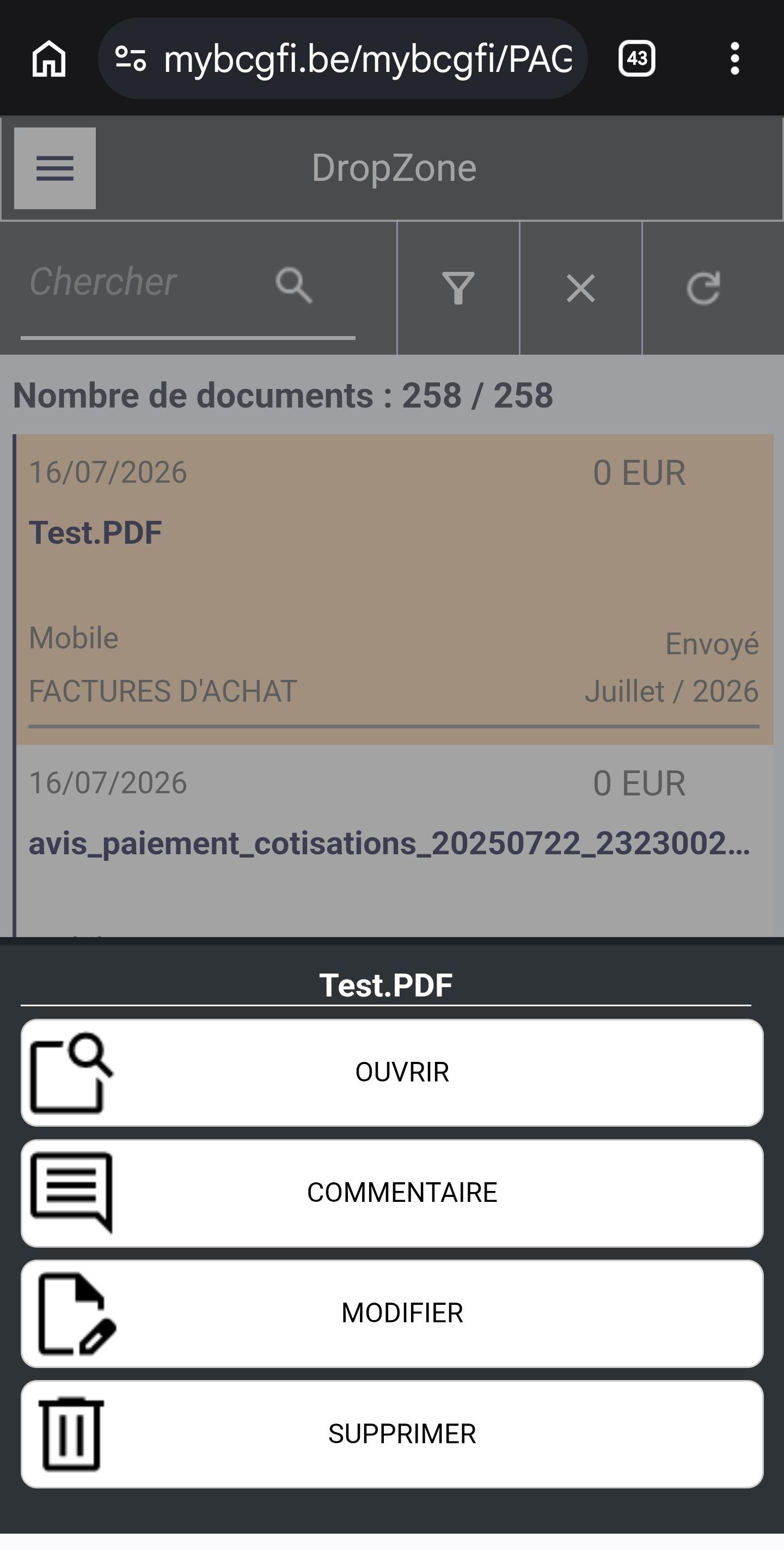 Suivi et actions sur les documents dans la DropZone MyBCGFi